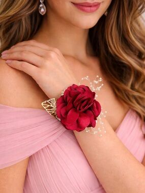 Set of 5 Elegant Burgundy pearl and gold bridesmaids corsage.